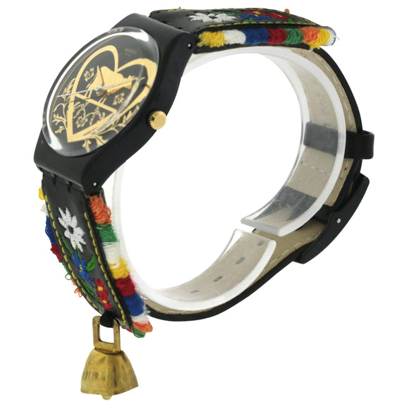 New Swiss Swatch DIE GLOCKE Black Embroidery Leather Women Watch 34mm GB285 - Picture 3 of 4